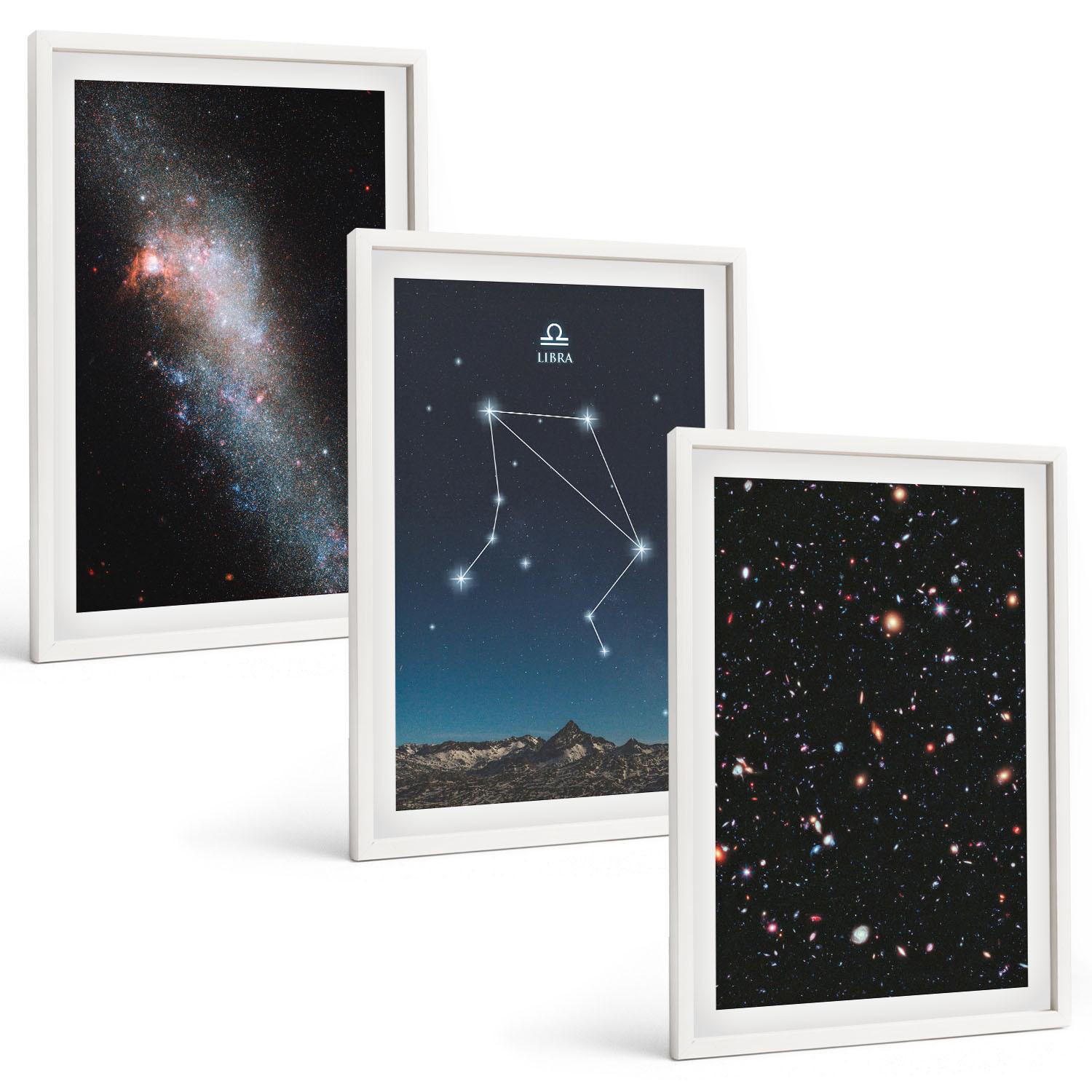 BILDER SET 3er Set - 40x60 cm Weißer Rahmen - Weltraum, Galaxie, Waage, Himmel - Weiß, Kunststoff (40/60cm) - TULUP