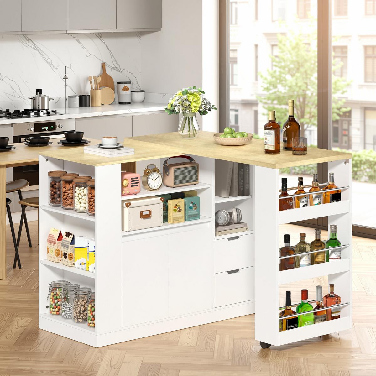 BARTISCH kücheninsel ausziehbar holzoptik stauraum - Weiß, Holzwerkstoff (50/115/92cm) - Urban Meuble