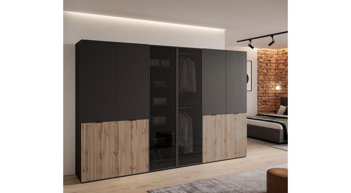 KLEIDERSCHRANK SANDBOX LOFT 300 303/49/200 cm Schwarzgraphit / Schwarzgraphit + Eiche Wotan + Schwarzes Glas mit LED 12 Zusatzböden - Eiche Wotan/Schwarz, Holzwerkstoff/Kunststoff (303/200/49cm) - Lookway