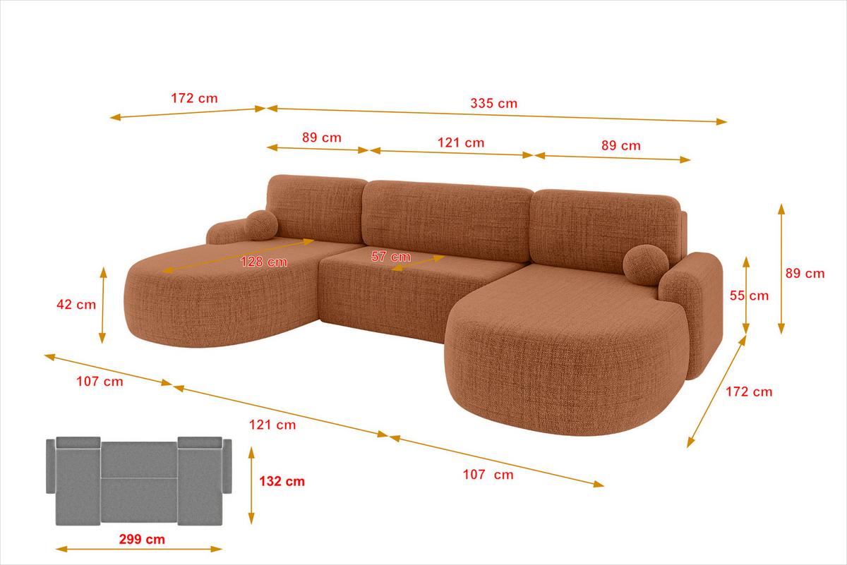 WOHNLANDSCHAFT mit Schlaffunktion und Bettkasten LIRA-U - 335x172x89 Apricot - Dunkelorange, Holzwerkstoff/Textil (335/89/172cm) - ALTDECOR