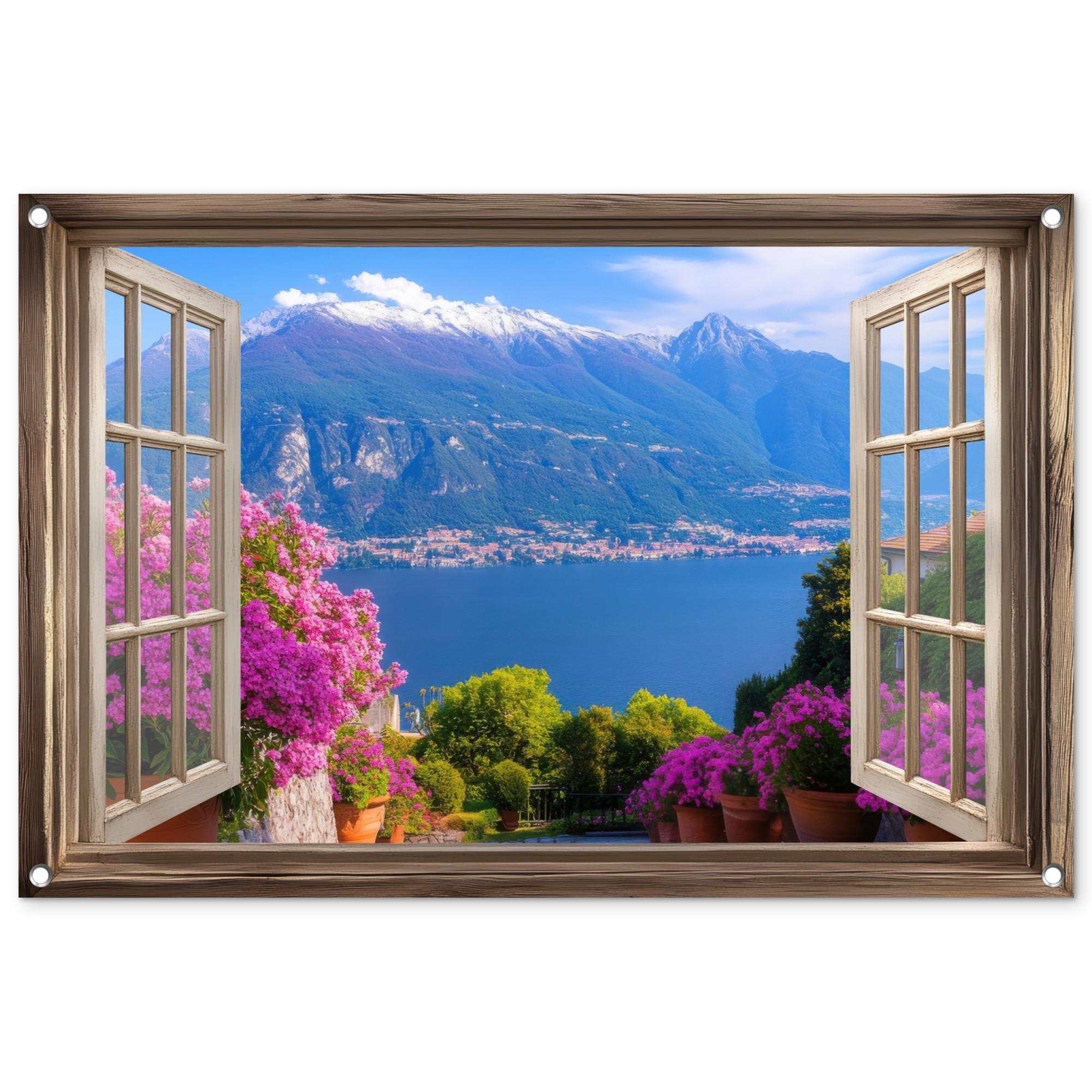 GARTENPOSTER Durchblick - Berg - Landschaft - Ausblicke - See Gartendeko 90x60 cm - Blau, Kunststoff (90/60/0.2cm) - OnlyWow