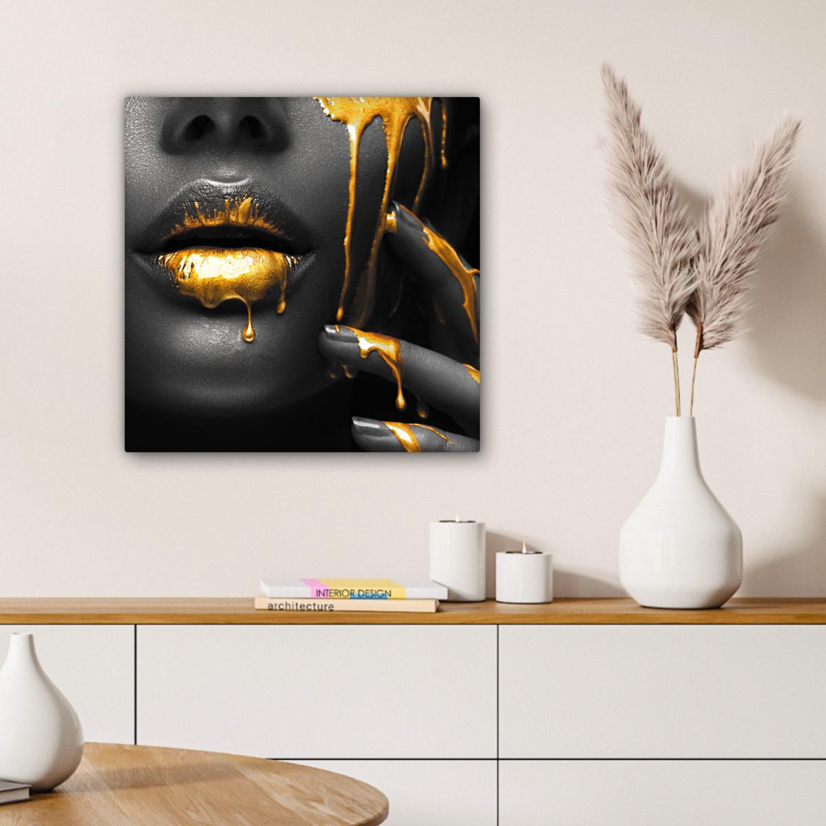 LEINWANDBILD Frau - Schwarz - Gold - Gesicht - Lippen Wandbild Wohnzimmer 50x50 cm - Goldfarben, Textil (50/50cm) - MuchoWow