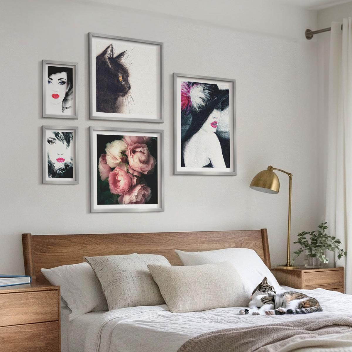 BILDER SET 5er Set - 50x50 cm & 20x30 cm & 40x60 cm Silberner Rahmen - Boho-Buch mit Muscheln - Silberfarben, Kunststoff (40/60cm) - TULUP