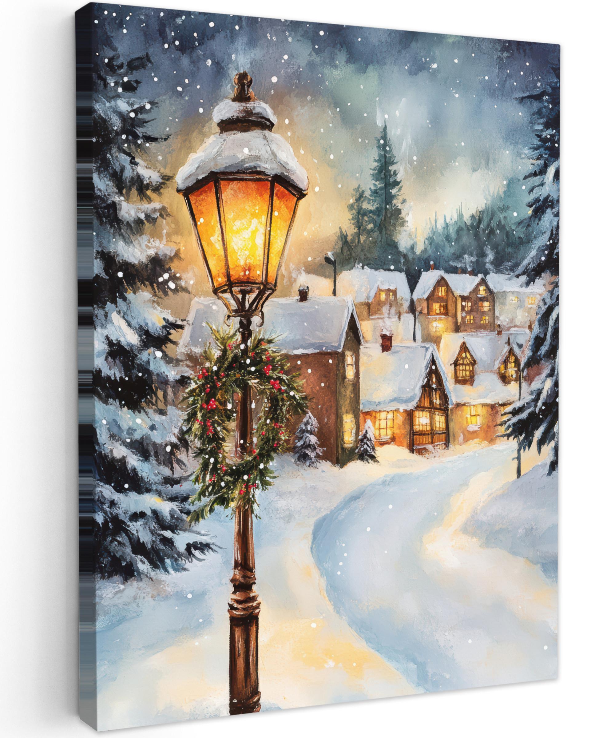 LEINWANDBILD Weihnachtsdorf - Häuser - Schnee - Weihnachten Wandbild Wohnzimmer 60x80 cm - Sandfarben, Textil (60/80cm) - MuchoWow