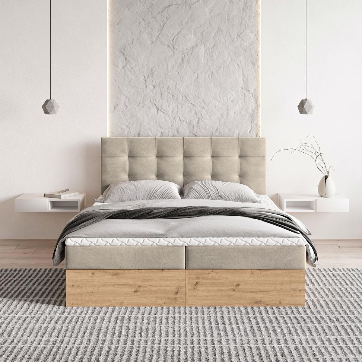 BOXBETT MOLVEN 160x200 cm mit Matratze und Topper - Beige - Beige, Holz (160/200cm) - MASSENO