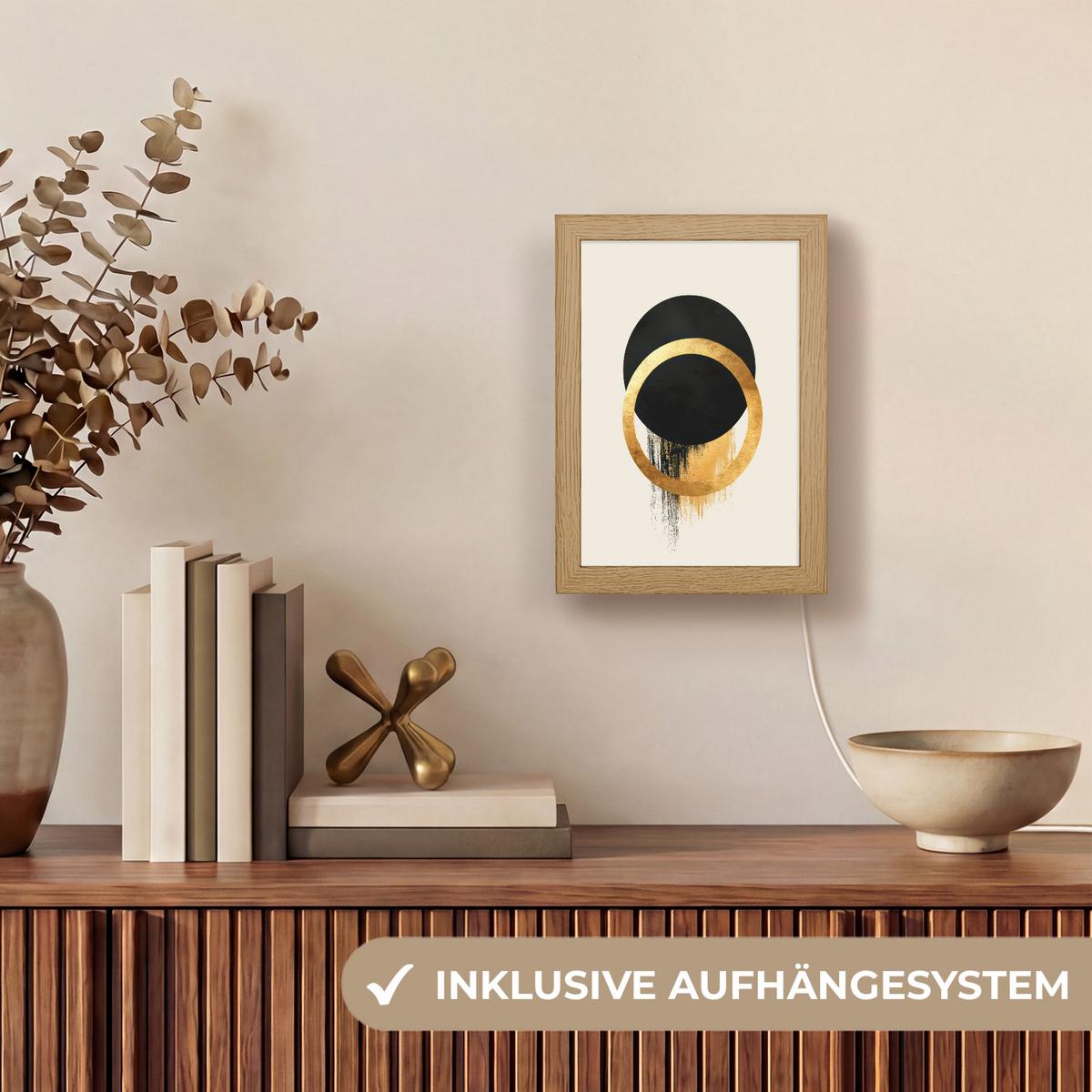 WANDLEUCHTE Abstraktes Design - Schwarzer Kreis - Farbflecken 15x20 cm - Creme, Holzwerkstoff (15/20/8cm) - OnlyWow