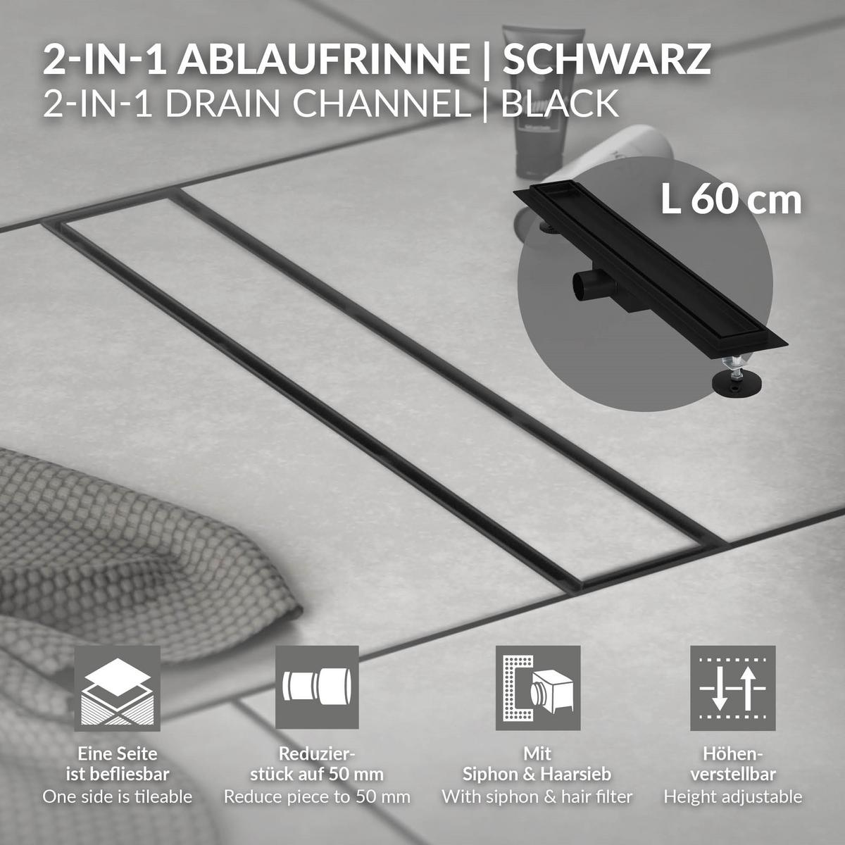 DUSCHRINNE 60cm - Schwarz, Metall (13.9/7.8/64cm) - LuxeBath
