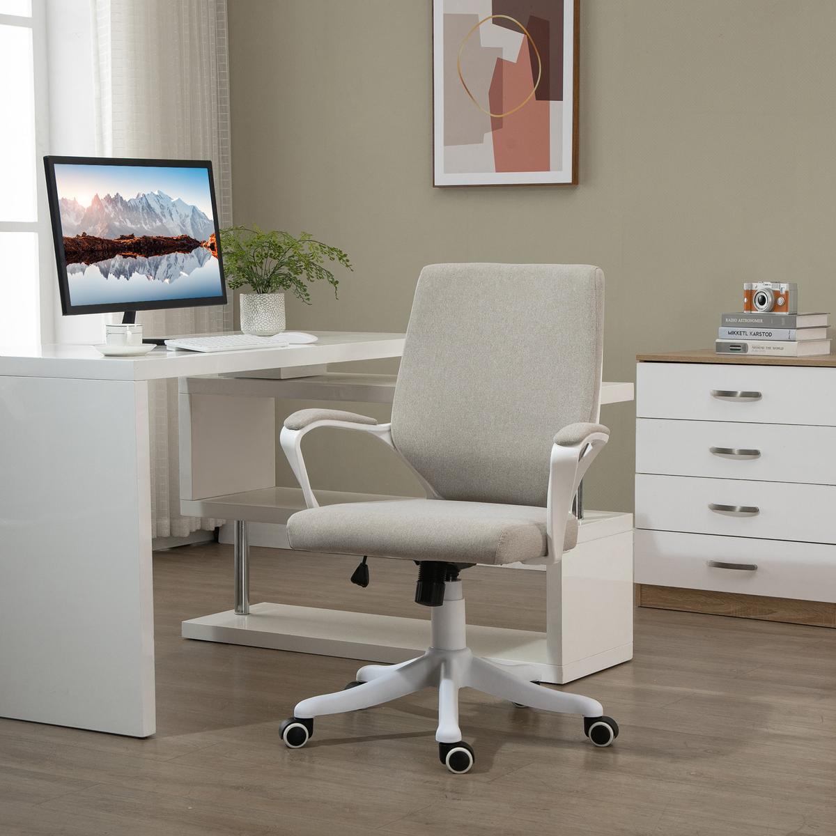BÜROSTUHL Drehstuhl höhenverstellbarer dick gepolstert Polyester Beige+Weiß - Sandfarben, Kunststoff (69/100/62cm) - Vinsetto