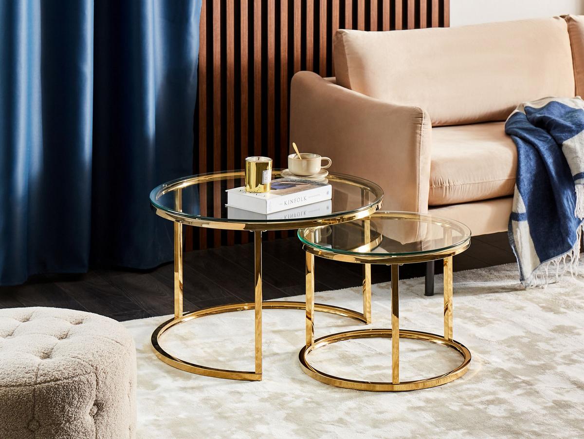 COUCHTISCH 2er Set Glas/Edelstahl gold rund Grange - Goldfarben, Metall (50/50/44cm) - Beliani