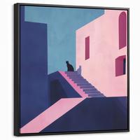 LEINWAND Bilder mit Rahmen - Katze - Treppe - Gebäude - Schattenkontraste - 50x50 - Dunkelblau, Textil (50/50cm) - MuchoWow