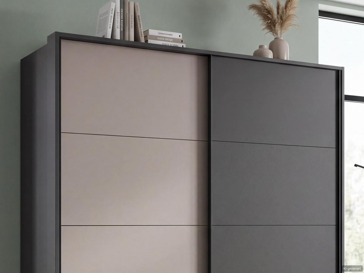 SCHWEBETÜRENSCHRANK 2-türig B183/H200/T65 cm, Passepartout-Kleiderschrank mit sichtbaren Schubkästen in Grafit, 1x Tür in Sandgrau / 22701 - Sandfarben/Graphitfarben, Holz/Holzwerkstoff (183/200/65cm) - luma-home