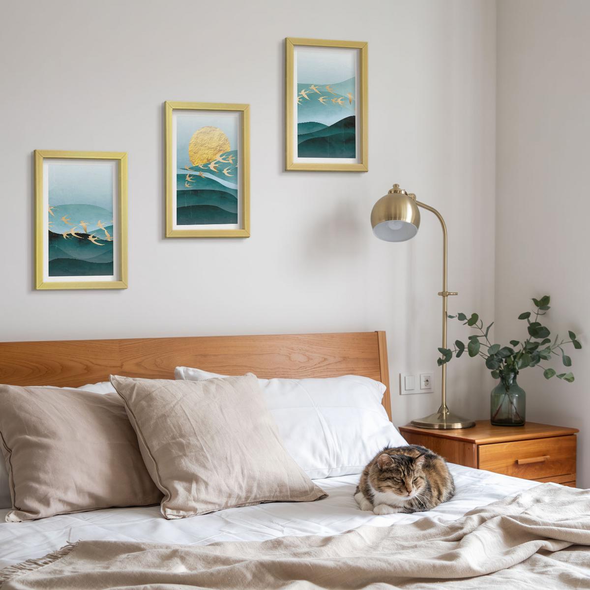 BILDER SET 3er Set - 20x30 cm Goldrahmen - Abstrakte Sonnenuntergangslandschaften - Goldfarben, Kunststoff (20/30cm) - TULUP