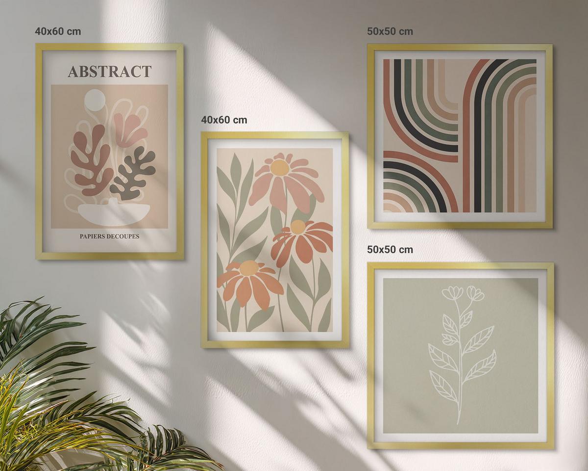 BILDER SET 4er Set - 50x50 cm & 40x60 cm Goldrahmen - Abstrakte Pastellpflanzen - Goldfarben, Kunststoff (50/50cm) - TULUP