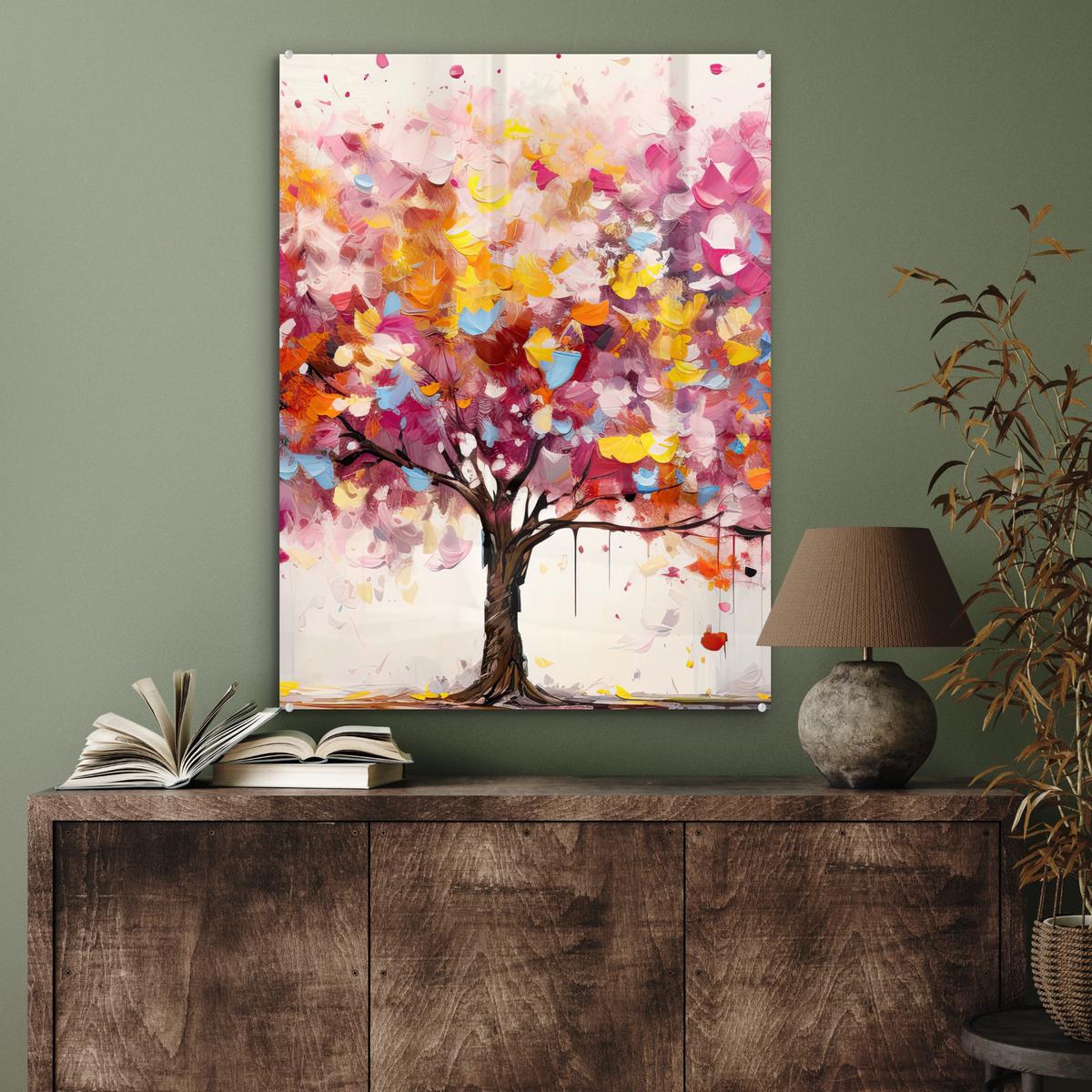ACRYLGLASBILD Aquarell - Baum - Kunst - Abstrakt 60x80 cm - Multicolor, Glas (60/80cm) - MuchoWow