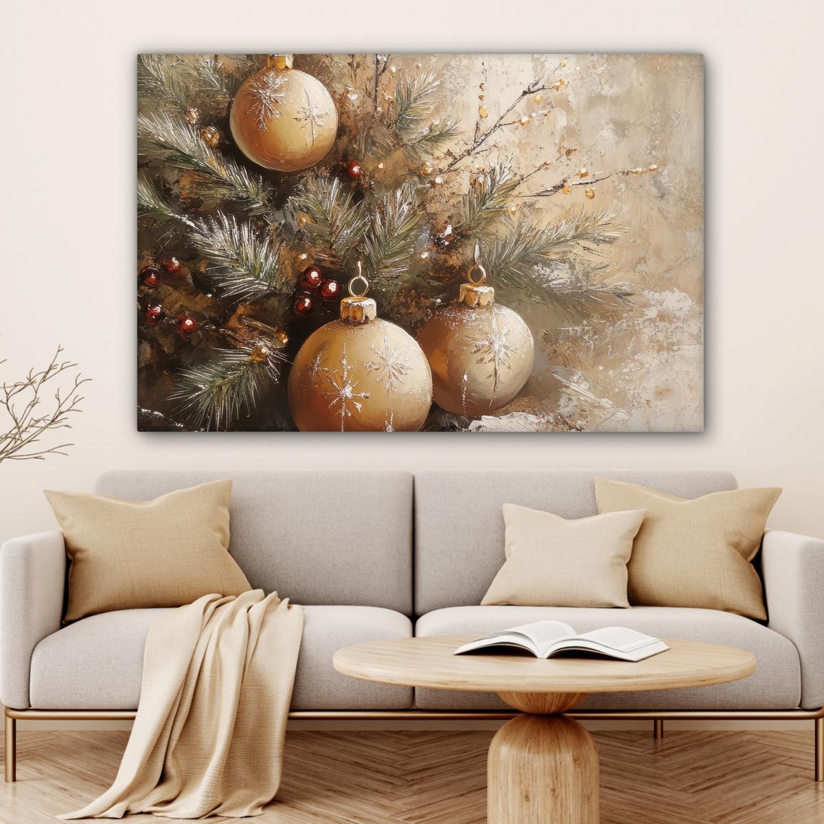 LEINWANDBILD Weihnachten - Kugeln - Beige - Gold Wohnzimmer Groß 120x80 cm - Goldfarben, Textil (120/80cm) - MuchoWow