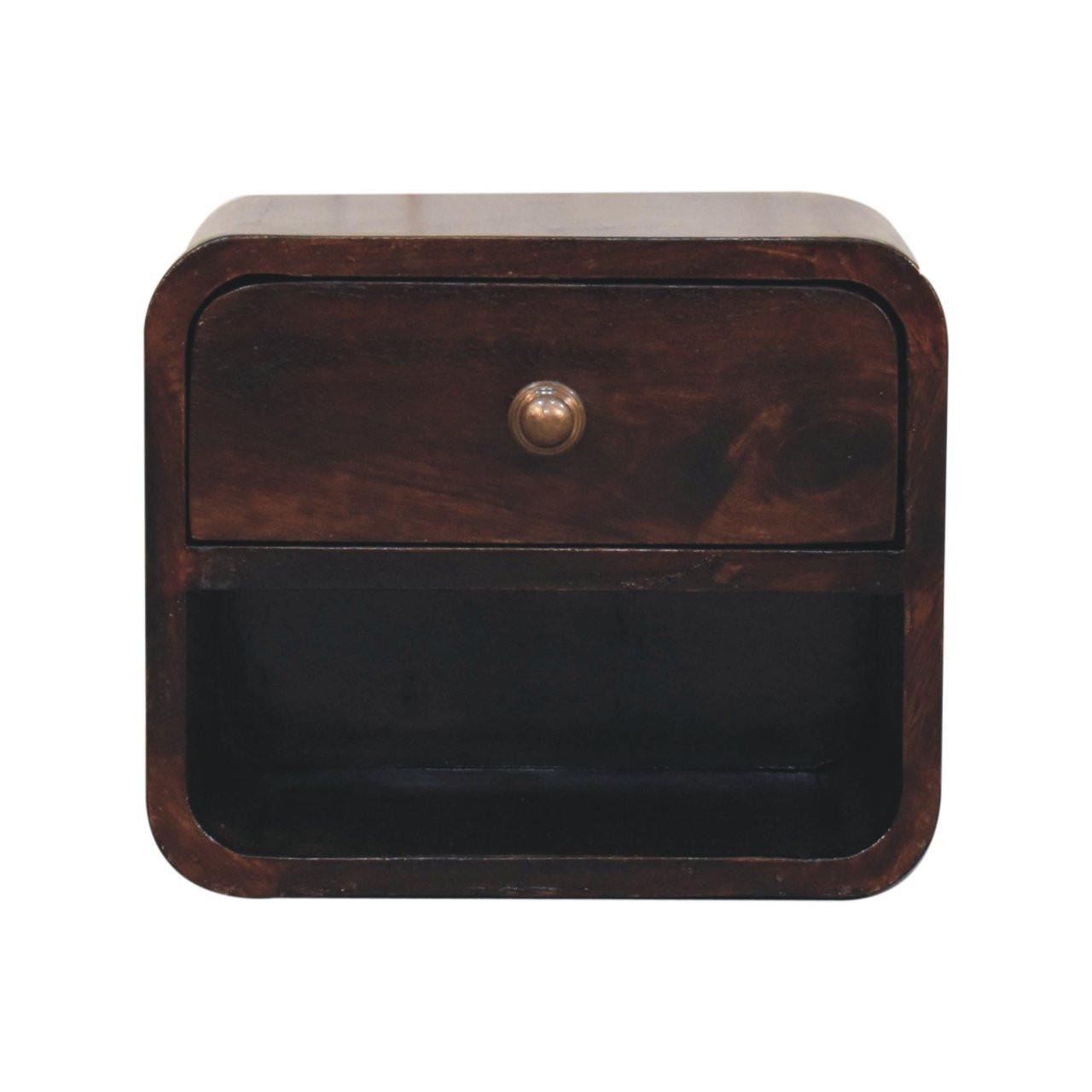 NACHTKASTEN Mini Geschwungen Kalifornisch Nussbaum Wandmontiert, 1 Schublade und Offenes Fach, Dunkelbraun - Dunkelbraun/Messingfarben, Holz/Metall (30/25/25cm) - Artisan Furniture