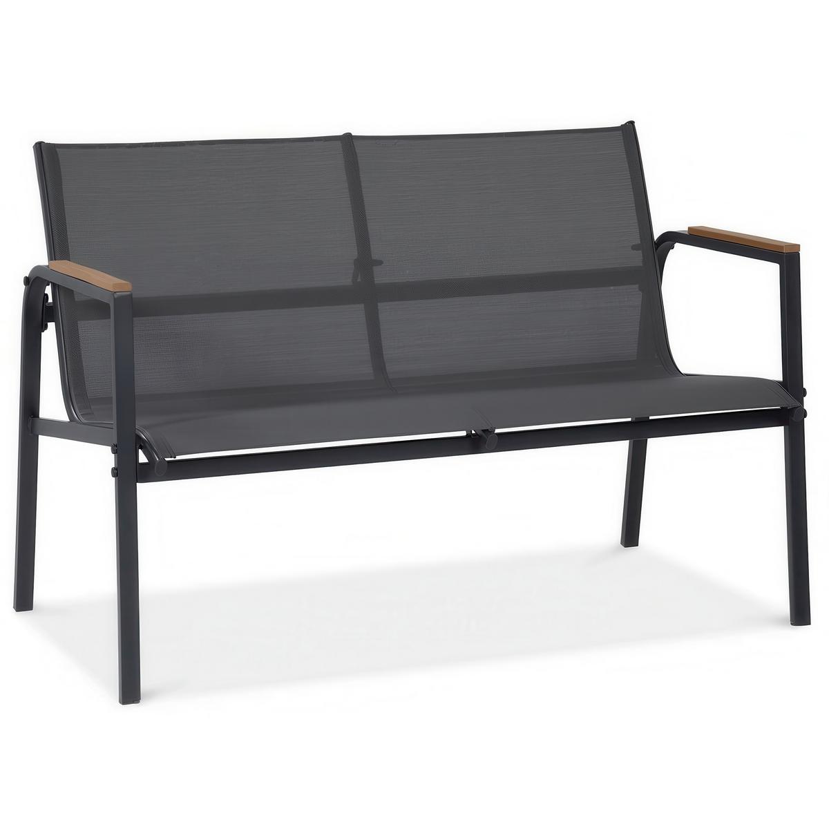 GARTENSET Thaiti, 2-Sitzer-Sofa + 2 Sessel + Couchtisch, Polywood-Armlehnen, Dunkelgrau - Dunkelgrau, Metall - Beautysofa