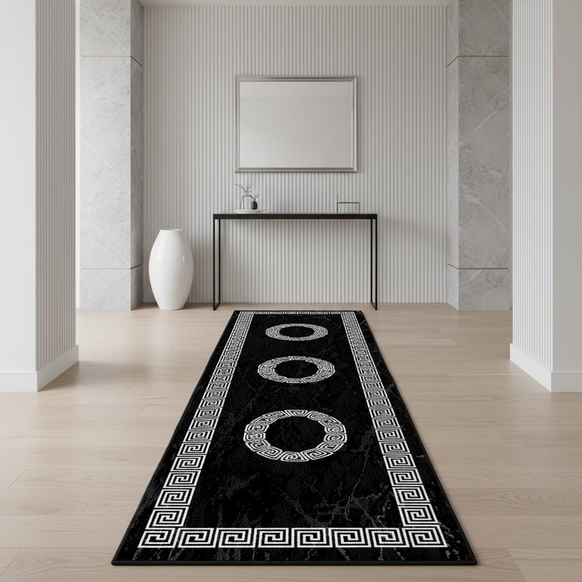 KURZFLORTEPPICH INN, mit Mäander-Muster, Schwarz, 80 x 300 cm - Schwarz, Textil (80/300cm) - KADIMA DESIGN