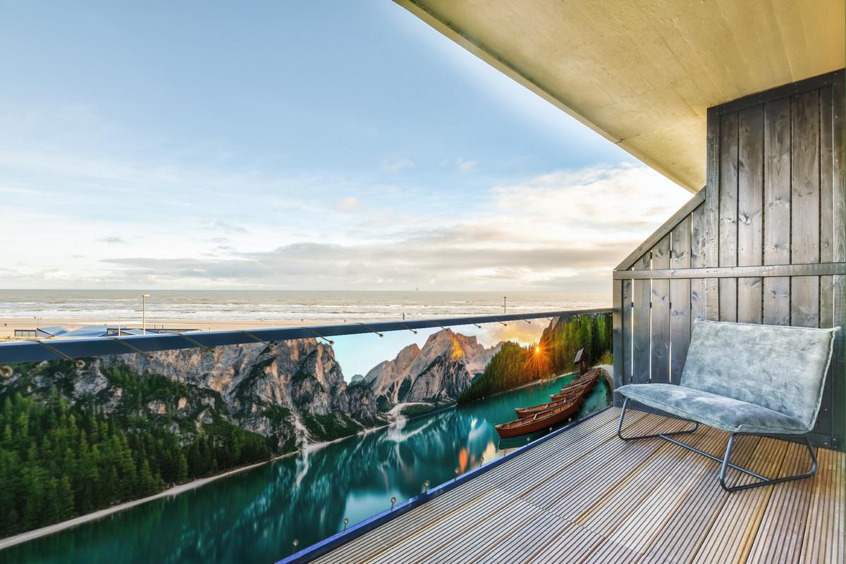 BALKON-SICHTSCHUTZ See - Berge - Sonnenuntergang - Boot Deko XXL 500x110 cm - Petrol, Kunststoff (500/110cm) - MuchoWow