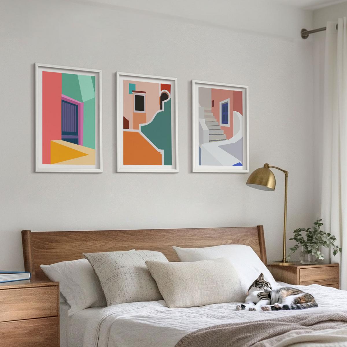 BILDER SET 3er Set - 40x60 cm Weißer Rahmen - Farbenfrohe Illustrationen von Gebäuden - Weiß, Kunststoff (40/60cm) - TULUP