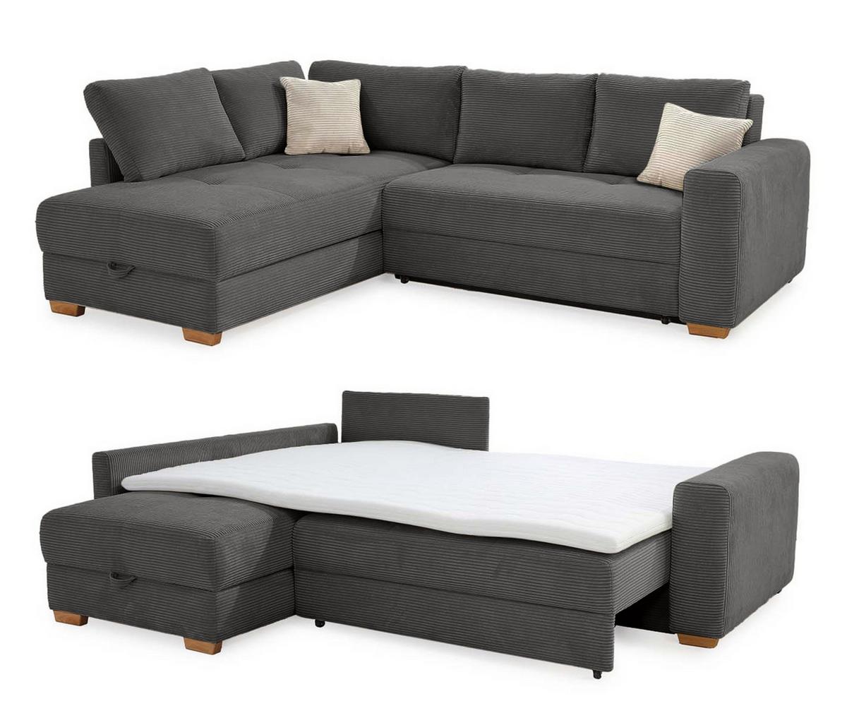 ECKSOFA-DAUERSCHLÄFER Boxspring Federkern Topper Bettkasten, seitenverkehrt montierbar B257/T206/H85 cm, Cord Dunkelgrau / 15211 - Dunkelgrau/Eichefarben, Holz/Textil (257/206cm) - luma-home