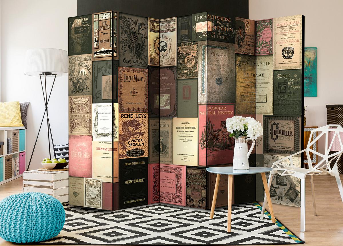 PARAVENT Akustik 5-tlg 225x172 cm Bücher vieler - Multicolor, Holz/Textil (225/172/3cm) - Muralo