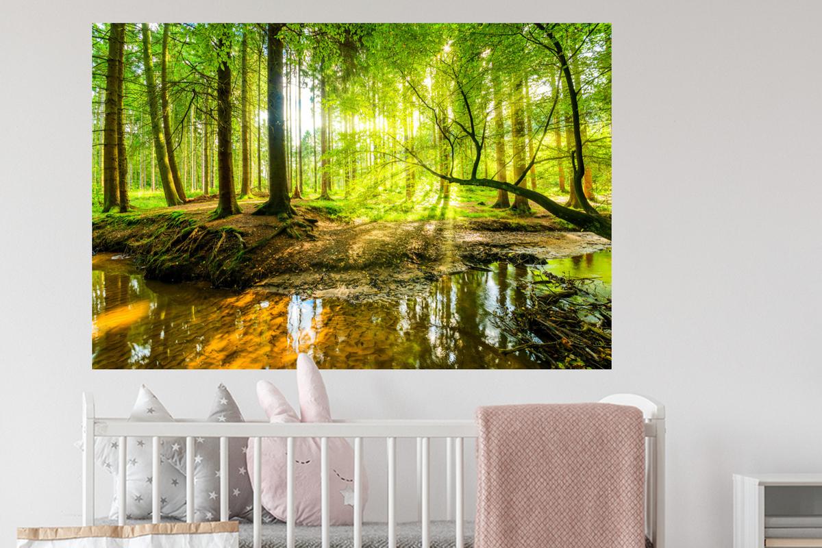 WANDTATTOO Wald - Landschaft - Wasser - Bäume - Sonne - Grün - Natur Wandsticker 120x80 cm - Grün, Kunststoff (120/80/0.1cm) - MuchoWow