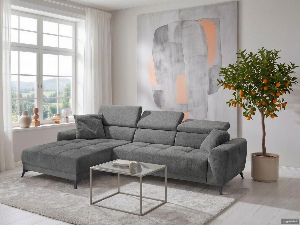 ECKSOFA mit elektrischer Sitztiefenverstellung, Kopflehnen verstellbar, USB-A und USB-C Ladefunktion B299/T200/H107 cm, Chenille Dunkelgrau / 15421 - Dunkelgrau/Schwarz, Holzwerkstoff/Textil (299/200cm) - luma-home
