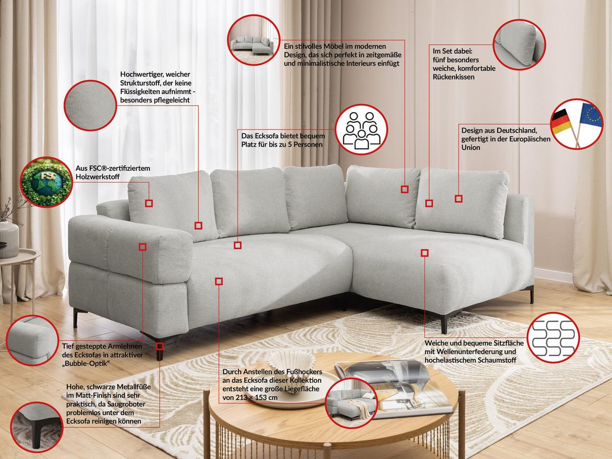 ECKSOFA inkl. Hocker Cardea mit Schlaffunktion in Bubble-Optik aus weichem Hellgrau Strukturstoff und hohem Sitzkomfort - Ottomane rechts - Hellgrau/Schwarz, Holz/Textil (230/170cm) - S-Style Möbel