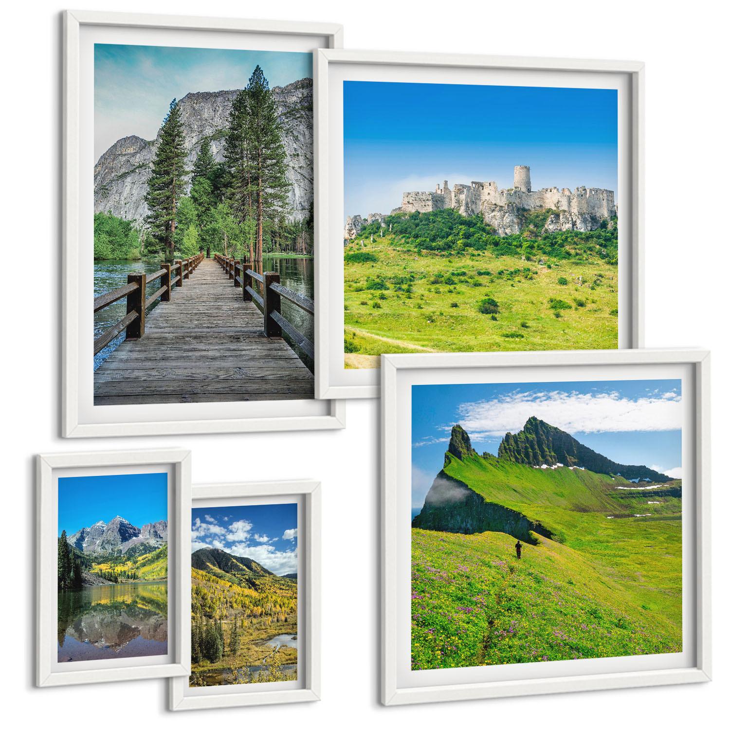 BILDER SET 5er Set - 50x50 cm & 20x30 cm & 40x60 cm Weißer Rahmen - Wasserfälle, Berge, Wolken, Herbst - Weiß, Kunststoff (40/60cm) - TULUP