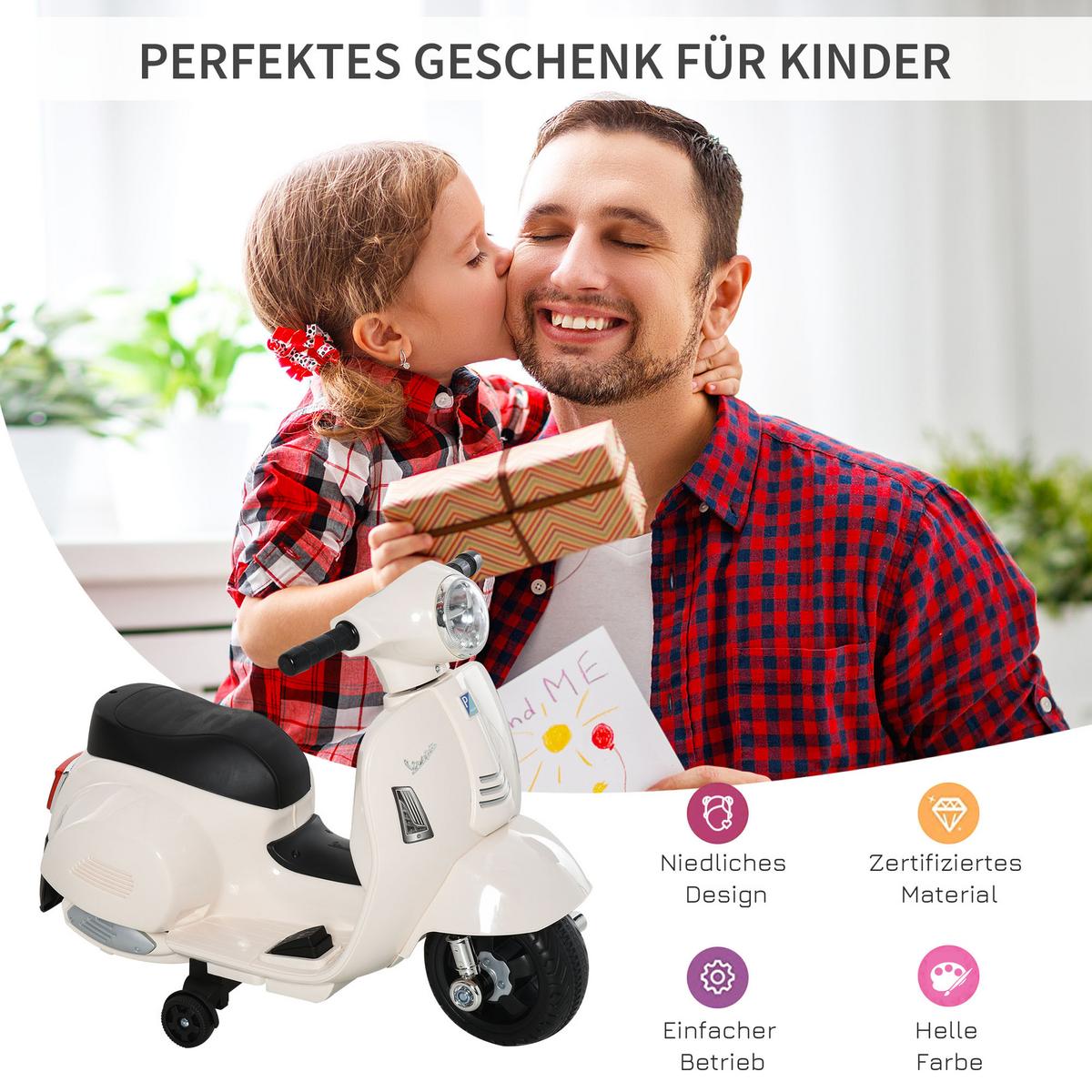 VESPA Elektromotorrad Kindermotorrad Elektrofahrzeuge 1,5 bis 3 Jahren Weiß - Weiß, Metall (66.5/38/52cm) - HOMCOM