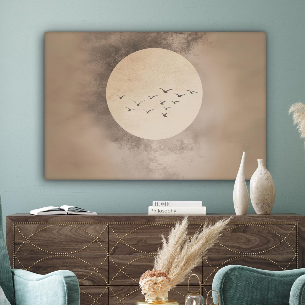 LEINWANDBILD Vogel - Beige - Japanisch Groß 140x90 cm - Taupe, Textil (140/90cm) - MuchoWow