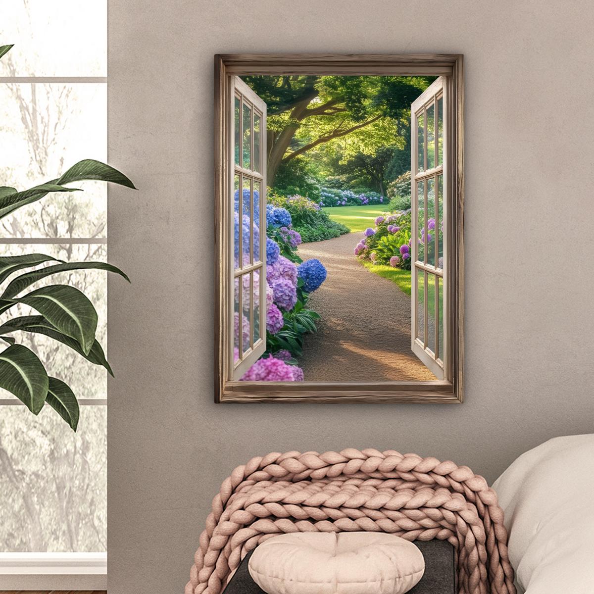 LEINWANDBILD Aussicht - Garten - Fenster - Hortensie - Blumen Wandbild Wohnzimmer 60x80 cm - Pastellblau, Textil (60/80cm) - MuchoWow