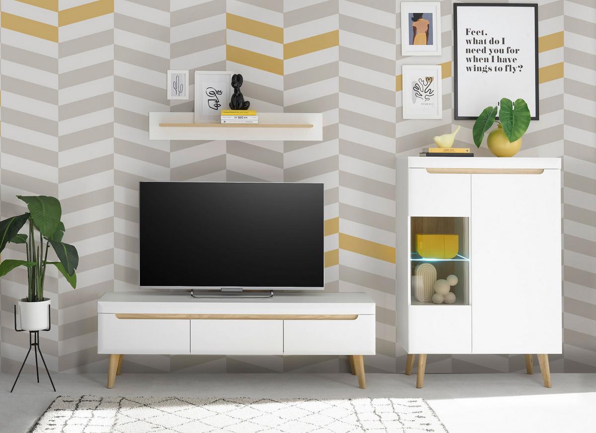 HIGHBOARD weiß, Eiche, skandinavisch 90 x 134 cm, Vitrine mit Soft-Close-Funktion - Eichefarben/Weiß, Glas/Holz (90/134/40cm) - Furn.Design
