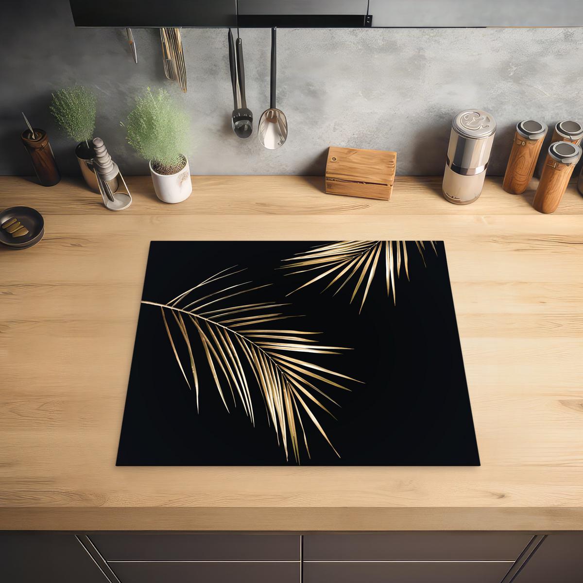 HERDABDECKPLATTE Blätter - Pflanzen - Gold - Schwarz - Luxus Abdeckung Ceranfeld 57.6x51.6 cm - Goldfarben, Kunststoff (57.6/51.6/0.2cm) - MuchoWow