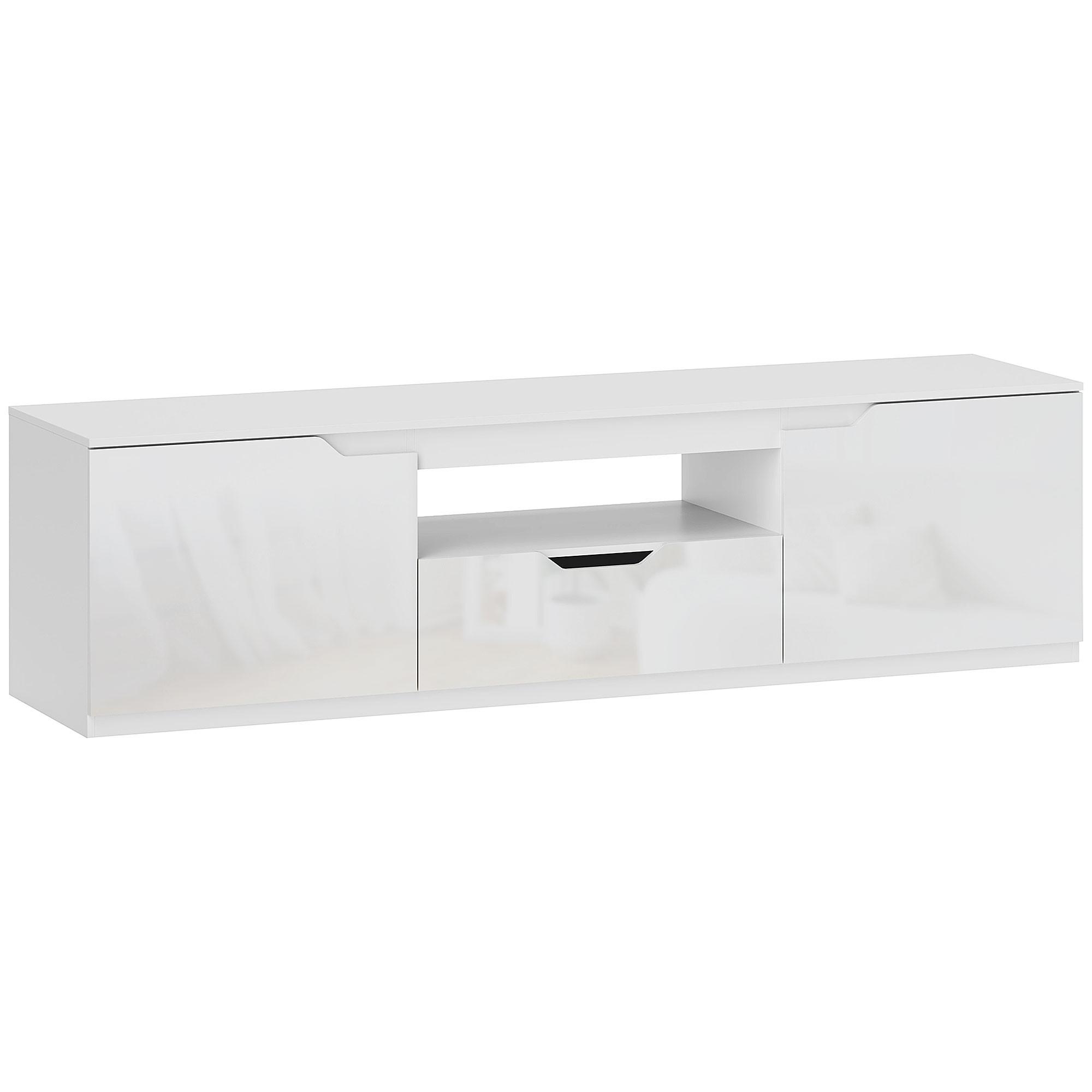 HOCHGLANZ TV-Lowboard für Fernseher bis 65 Zoll, 3 Fächer, Schublade, Weiß - Weiß Hochglanz/Weiß, Holzwerkstoff (38/43/160cm) - HOMCOM