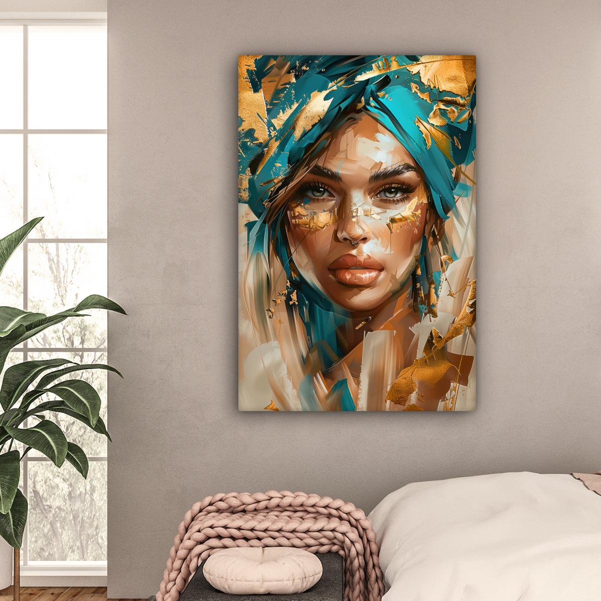 LEINWANDBILD Frau - Porträt - Gold - Luxus - Blau Deko XXL 80x120 cm - Türkis, Textil (80/120cm) - MuchoWow