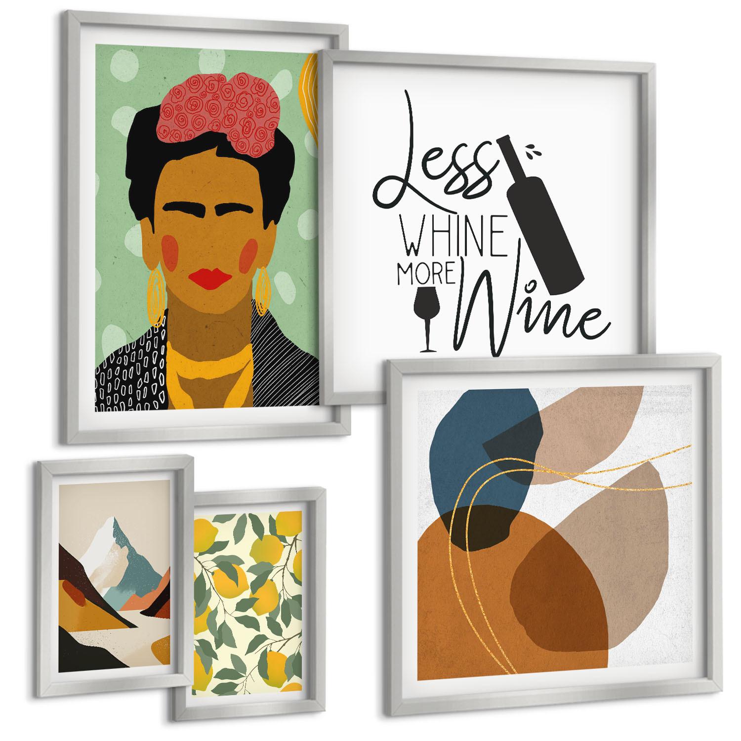 BILDER SET 5er Set - 50x50 cm & 20x30 cm & 40x60 cm Silberner Rahmen - Zitronenweinporträt von Frida - Silberfarben, Kunststoff (40/60cm) - TULUP