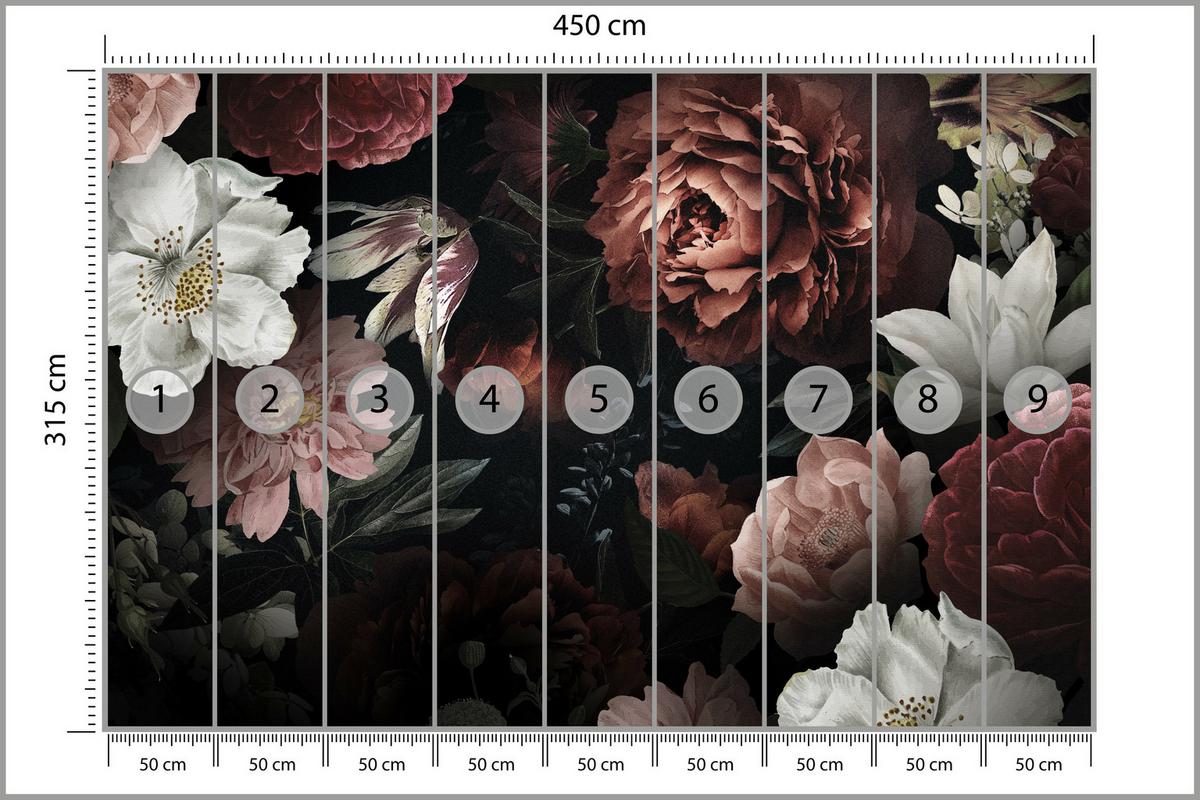 FOTOTAPETE für Büro Bunte Blumen Pfingstrosen Botanisch 450x315 - Rot/Weinrot, Papier (450/315cm) - Muralo