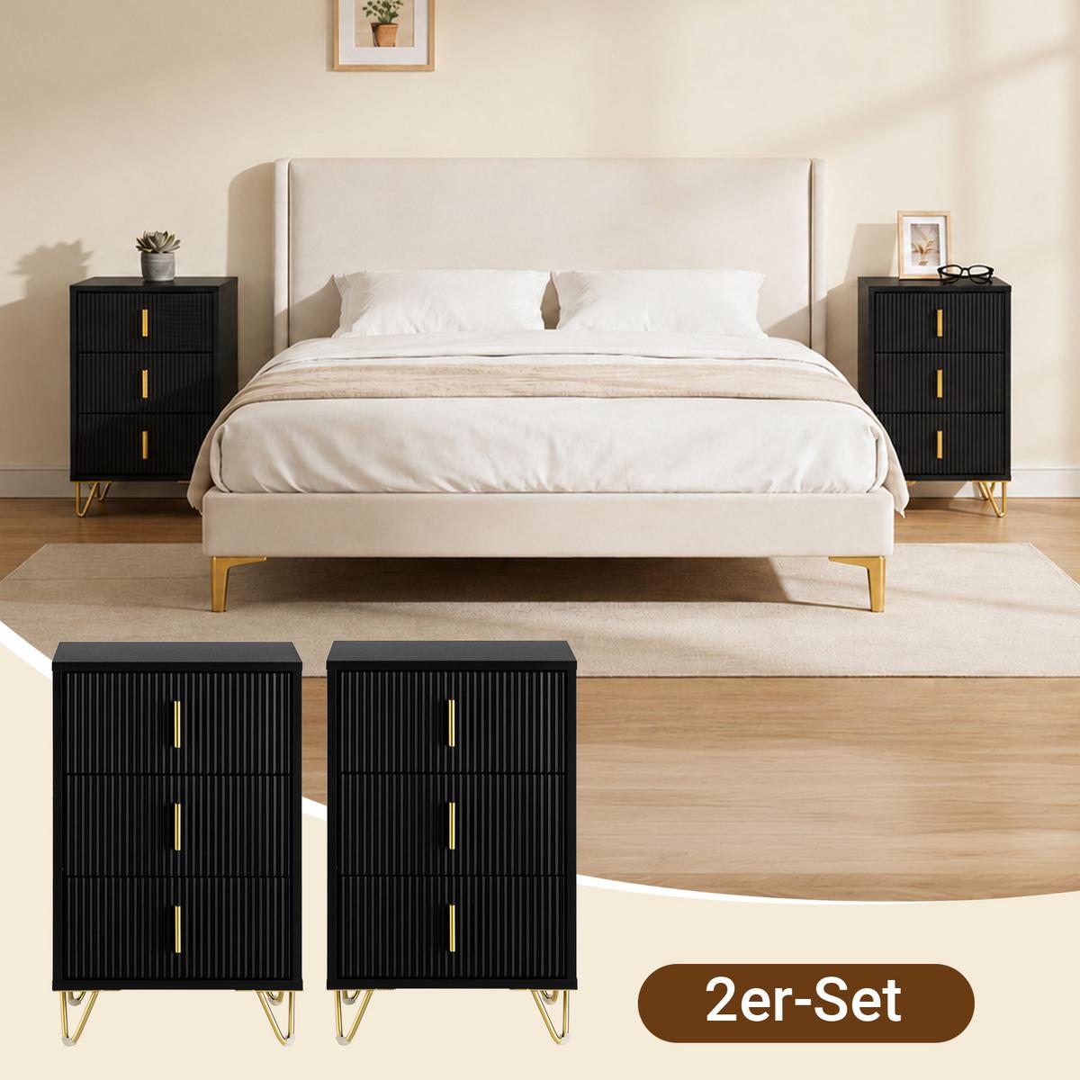 NACHTTISCH 2er Set, Beistelltisch mit 3 Schubladen modern Schwarz 40x40x63cm - Schwarz, Holzwerkstoff (40/63/36cm) - SoBuy