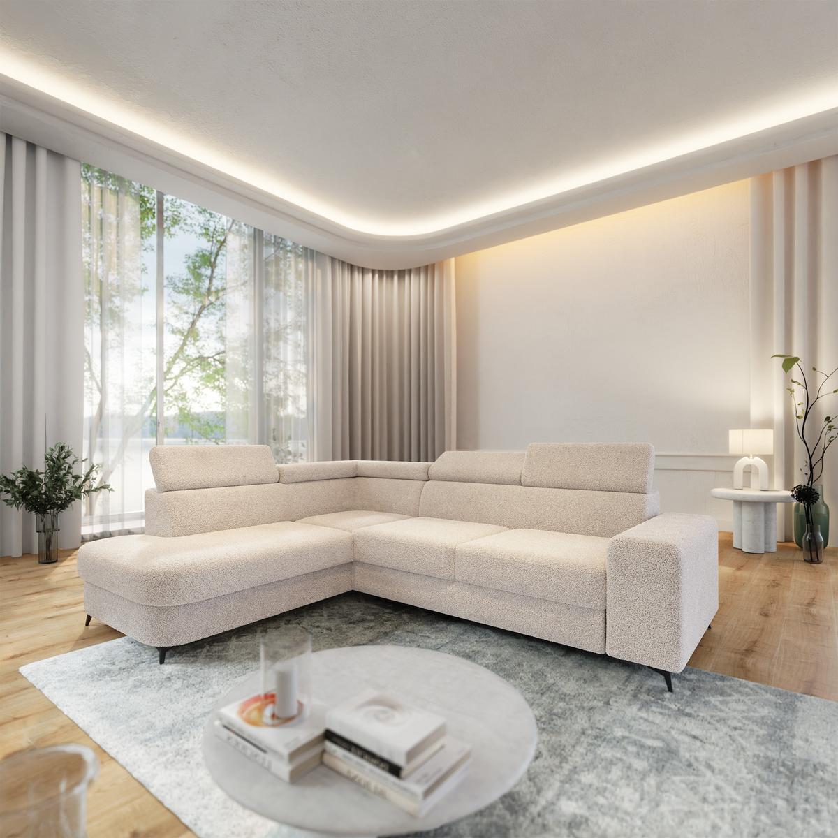 ECKSOFA ALVORO L-S Creme Boucle-Stoff mit Schlaffunktion - Creme, Holz (253/190cm) - MASSENO
