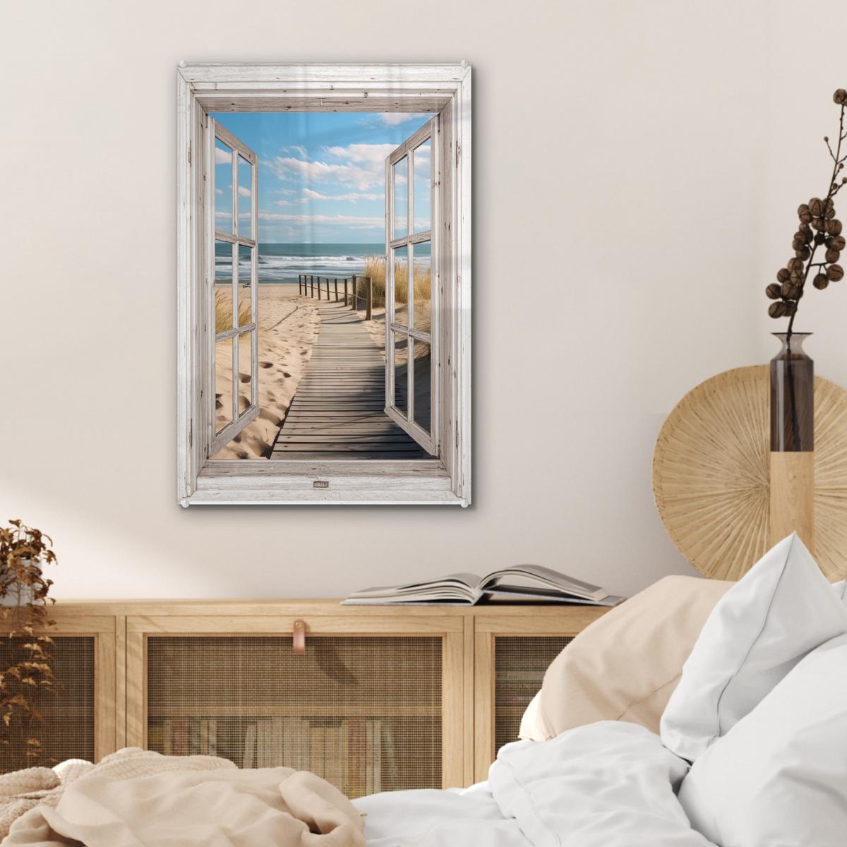 ACRYLGLASBILD Fenster - Meer - Küste - Natur - Ausblick - Strand - Wattenmeer Wanddeko Wohnzimmer 40x60 cm - Beige, Glas (40/60cm) - MuchoWow