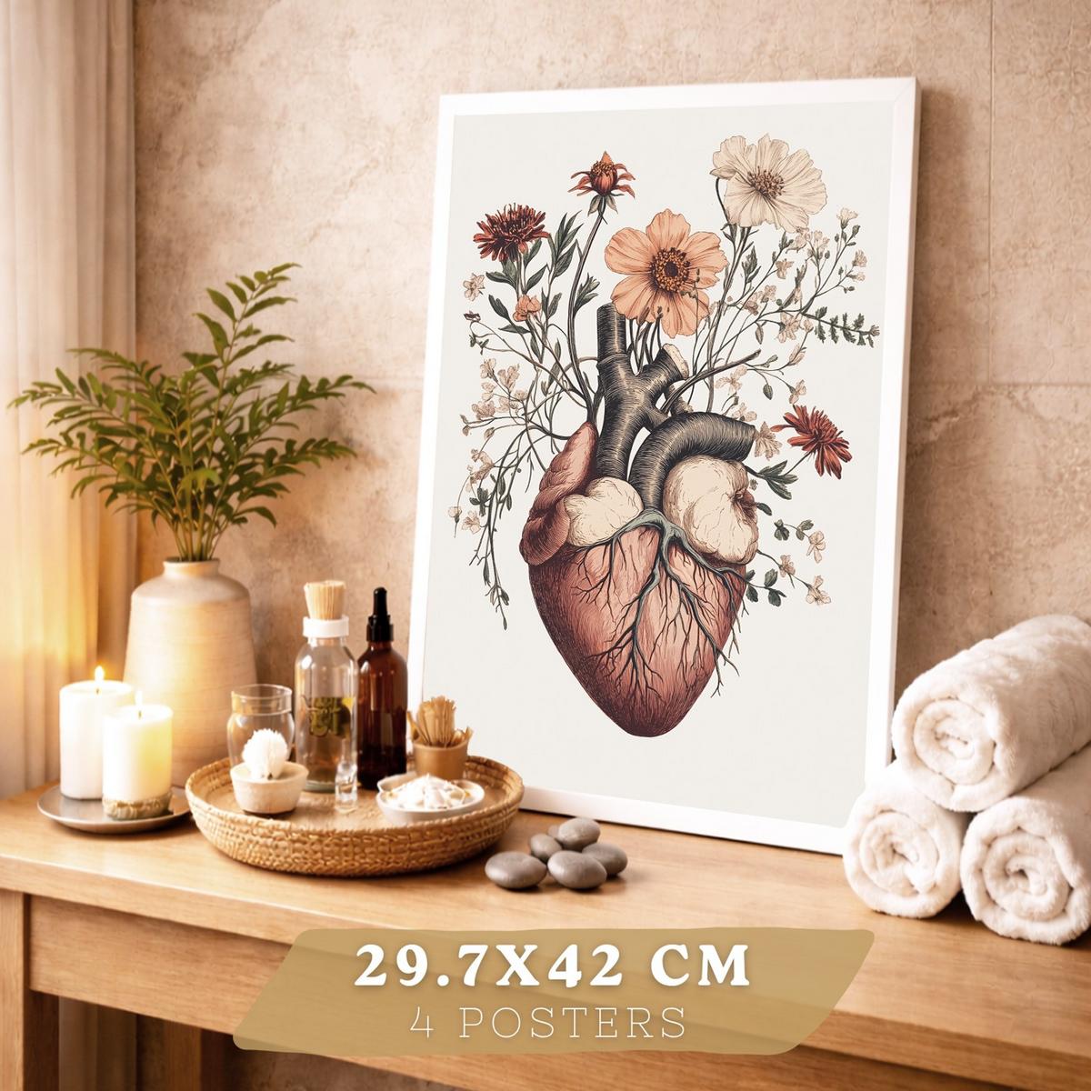 POSTER Set aus 4 Anatomie Drucke und Wandbilder mit Herz Nieren Schädel und Becken Botanischer Stil Medizinische Wanddekoration Größe Weißer Rahmen A3 - Weiß, Papier (29.7/42/3cm) - Nacnic