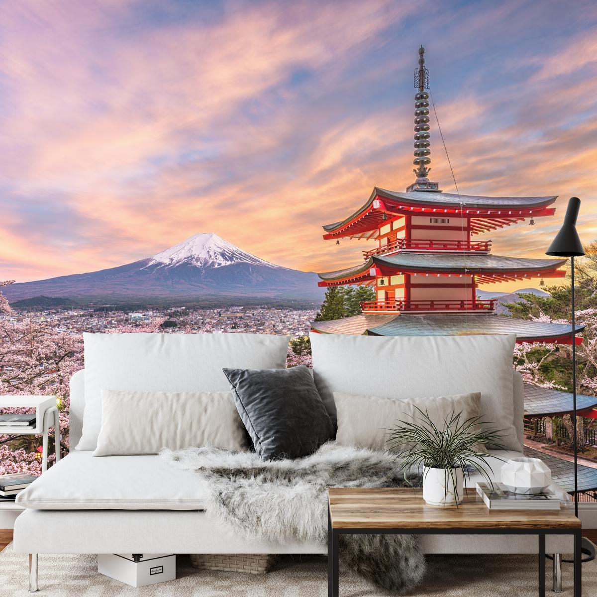 FOTOTAPETE für Wohnzimmer Japanische Pagode Frühling Sonnenuntergang 300x210 - Rot/Violett, Papier (300/210cm) - Muralo