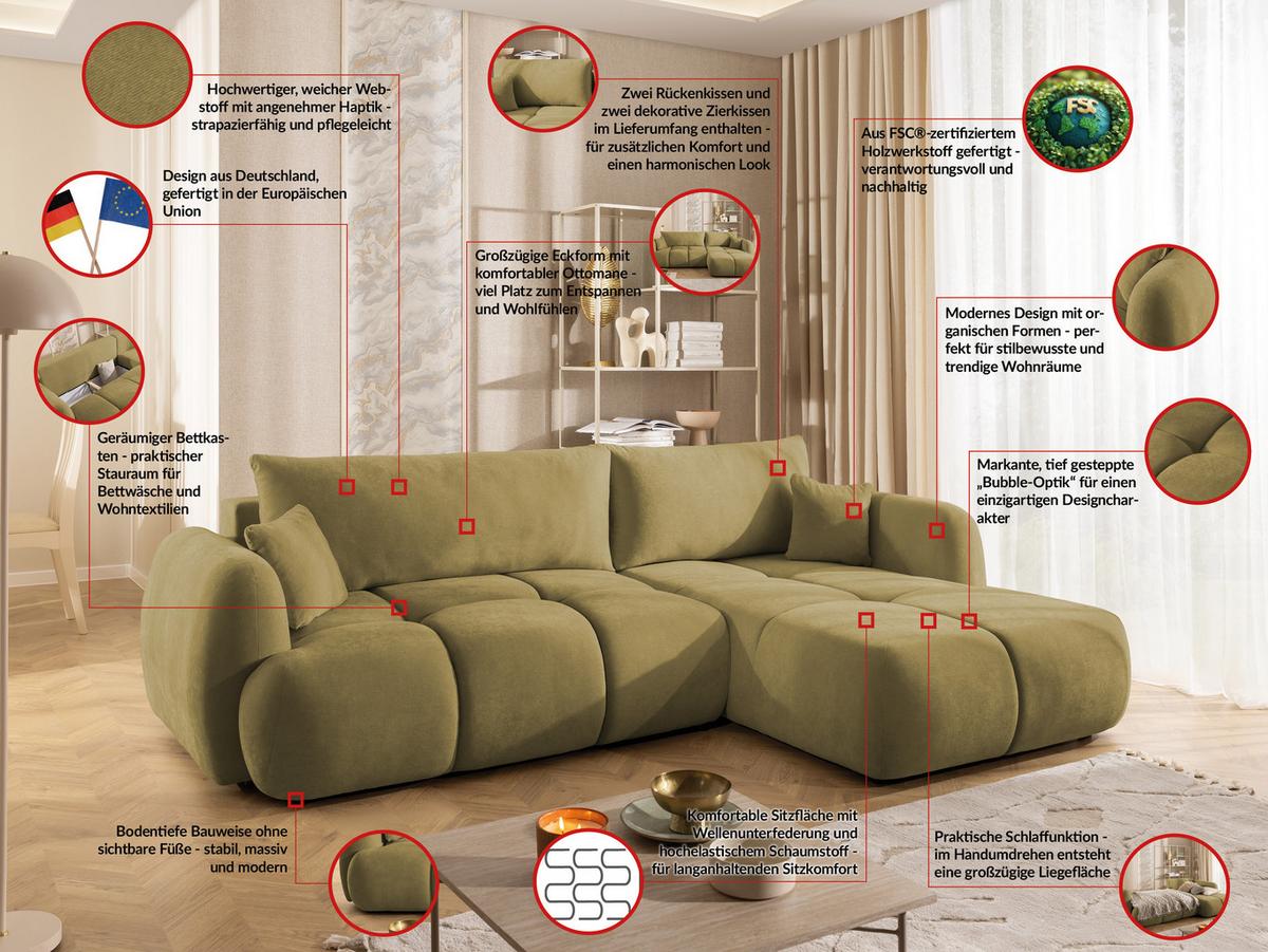 ECKSOFA Loretto aus natürlichem Grün Webstoff mit Schlaffunktion, Bettkasten und tiefen Steppungen in Bubble-Optik - Schwarz/Grün, Holz/Kunststoff (275/180cm) - S-Style