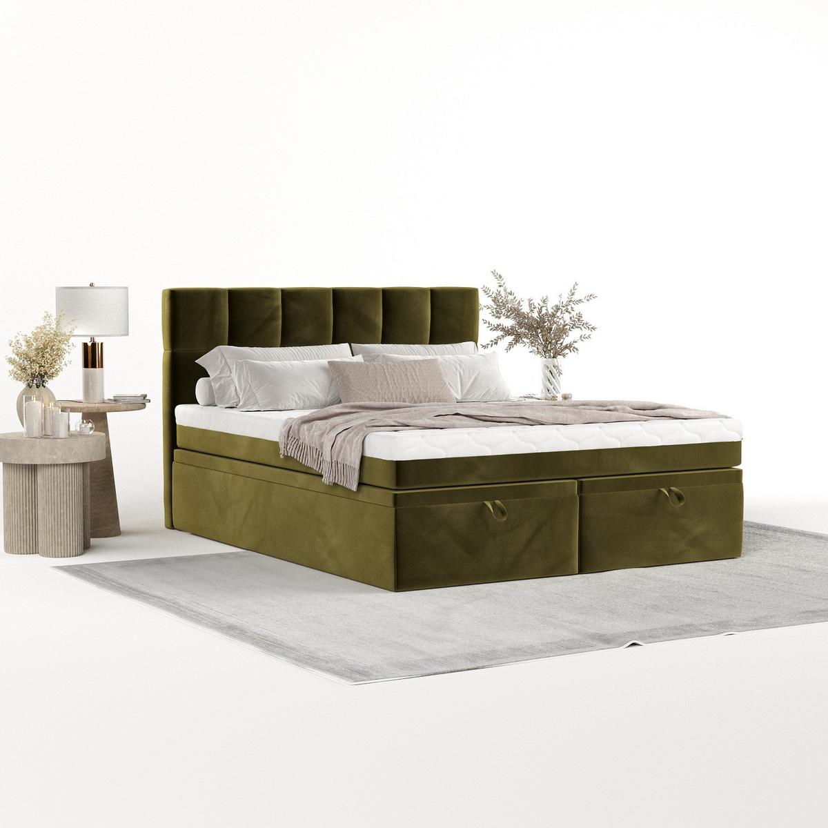BOXBETT Elano 160/200 cm Olivgrün im Kronos Stoff - Schwarz/Olivgrün, Holz/Holzwerkstoff (160/200cm) - AltaBeds