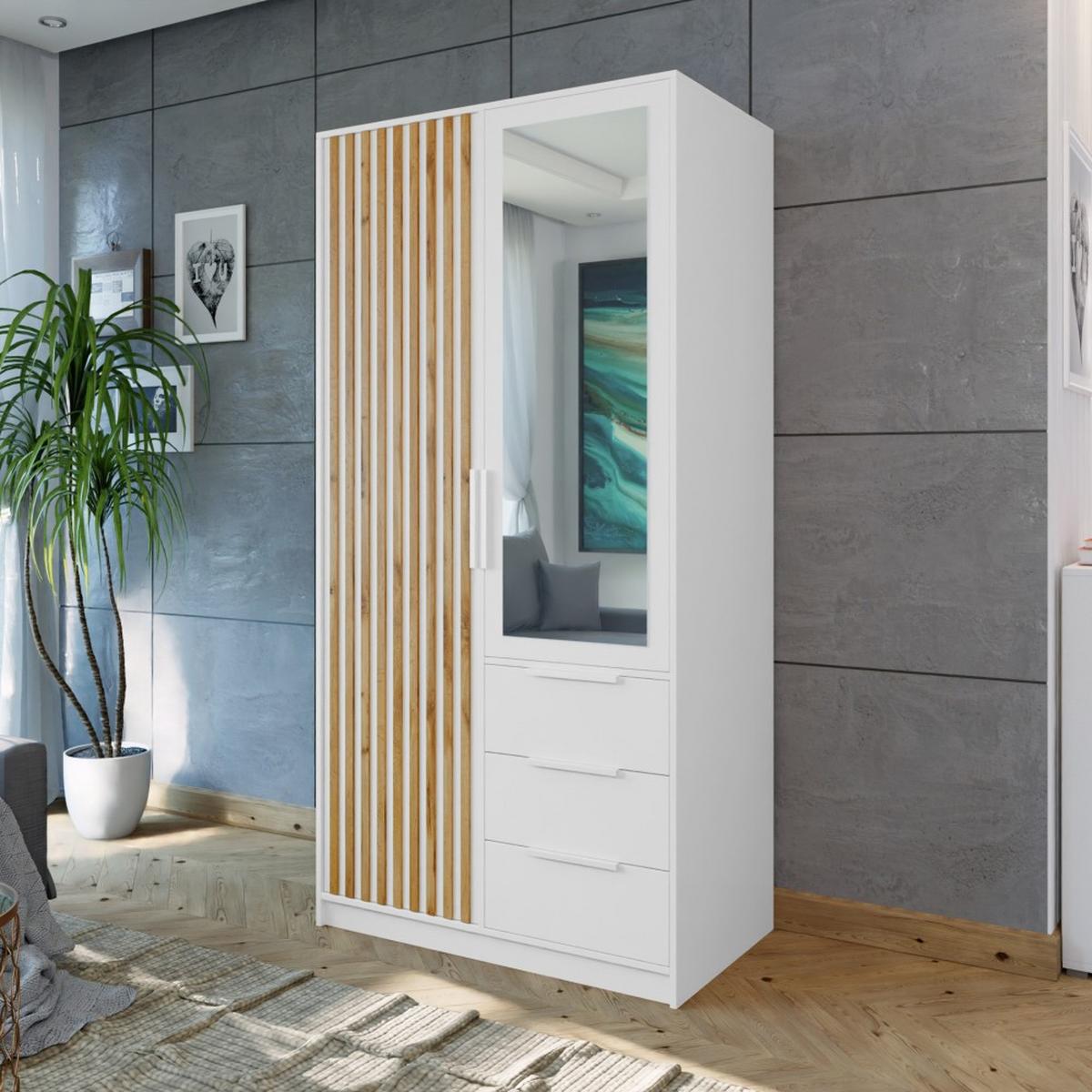 DREHTÜRENSCHRANK Bueno Lux mit 2 Türen und 3 Schubladen, Weiß - Weiß, Holzwerkstoff (100/200/58cm) - Beautysofa