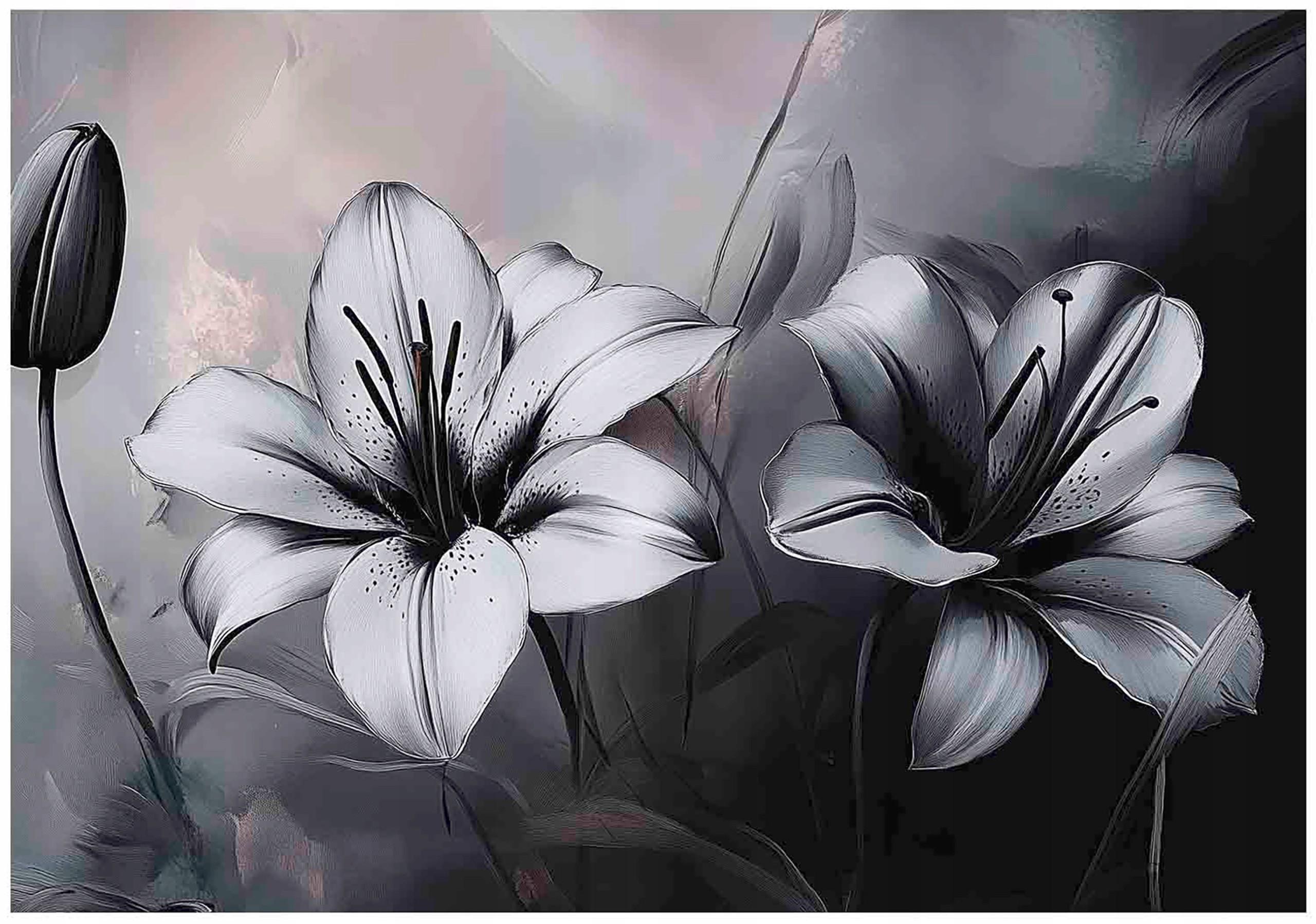FOTOTAPETE 3D Effekt Blumen Schwarz Weiß 300x210 - Multicolor, Papier (300/210cm) - Wallarena