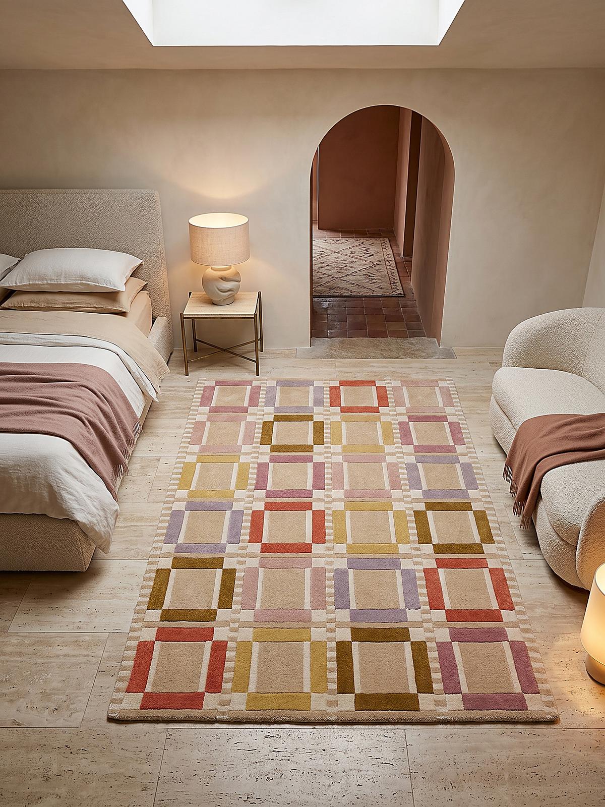 TEPPICH aus Wolle, handgetuftet, ORRIN, in Multicolor-Pastell, Fensterkaro-Raster, 140 x 200 cm - Multicolor, Textil (140/200cm) - KADIMA DESIGN