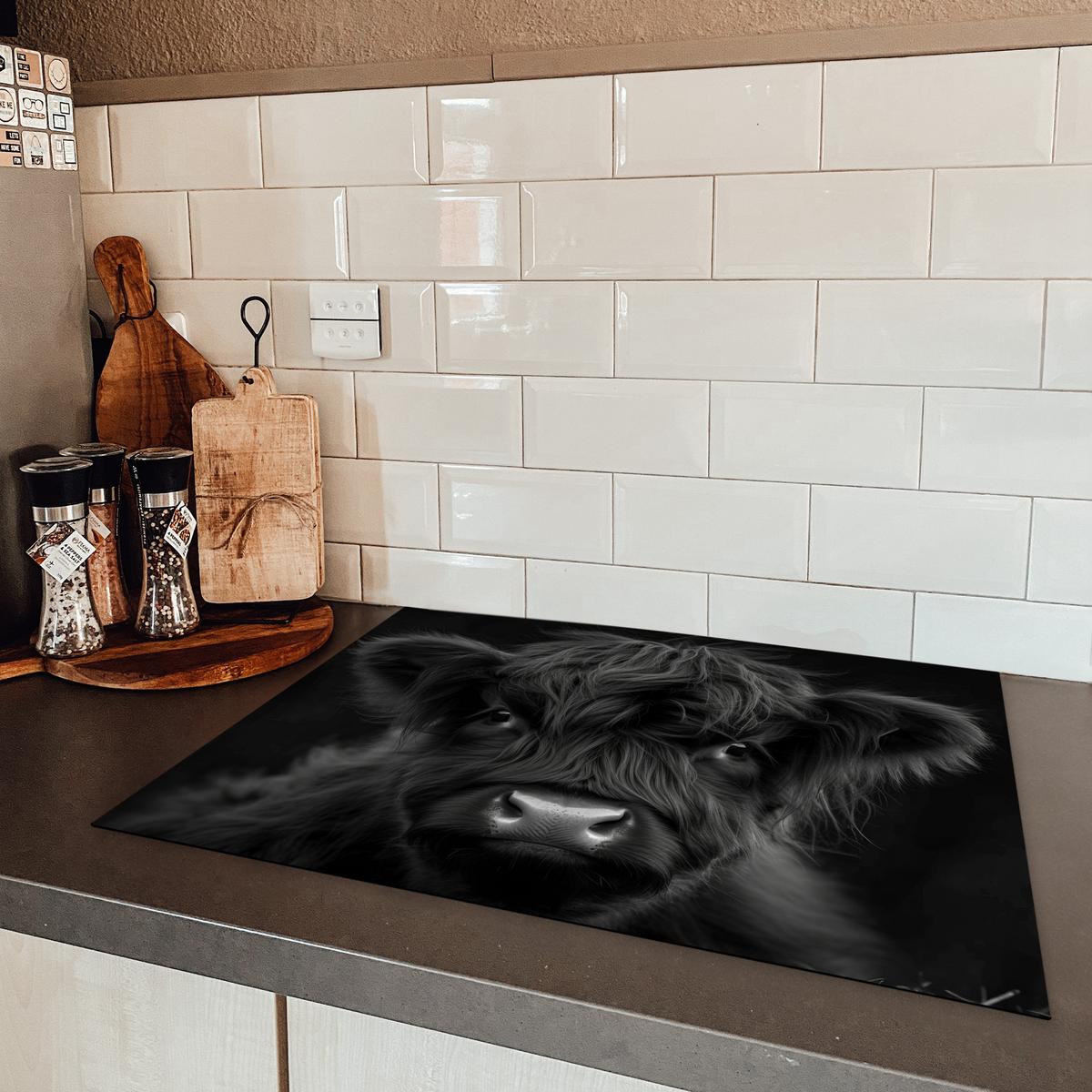 HERDABDECKPLATTE Scottish Highlander - Schwarz - Kalb - Kuh Induktionsmatte 71x52 cm - Schwarz, Kunststoff (71/52/0.2cm) - MuchoWow